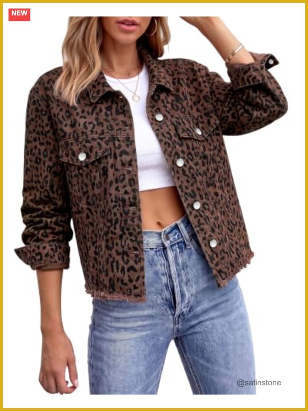 Leopard Cheetah Print Cropped Denim Jacket Frayed Hem Stretch Trucker